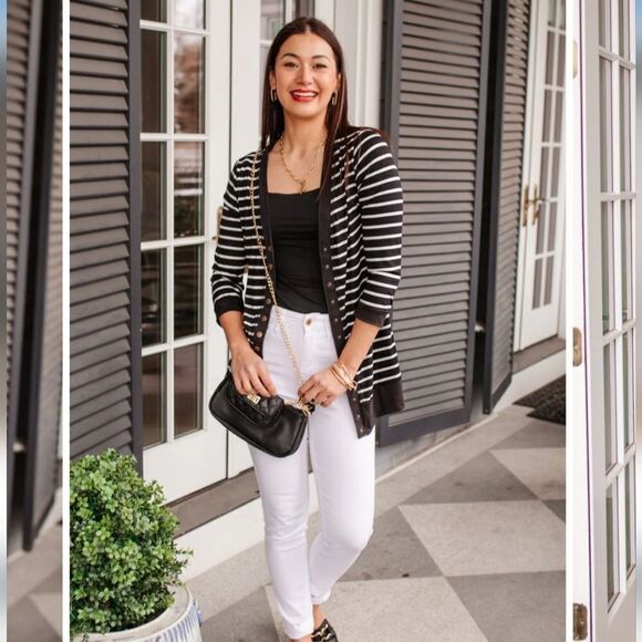 Ninexis black and white stripe cardigan size Large - Picture 1 of 10